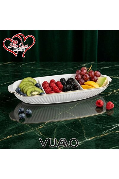 VUAO 3 Bölmeli Porselen Servis Tabağı 38x14 cm - Porselen Sunum Tabağı Kahval...