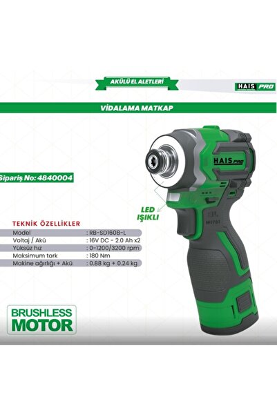 Hais AKÜLÜ VİD. MATK. 16 V 2.0 Ah. RB-SD1608-L HAİSPRO