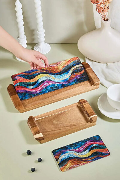 ALİNA HOME Zeyn 4-Piece Wooden Cake, Cheese, Coffee Presentation Tray & Plate...