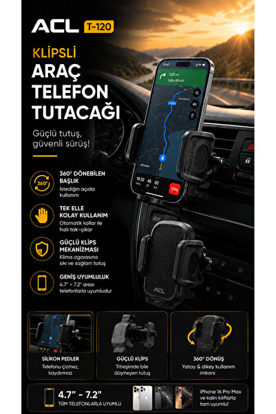 ACL Araç Telefon Tutucu 360° Döner Klima Izgarası Telefon Standı Tek Elle Kul...