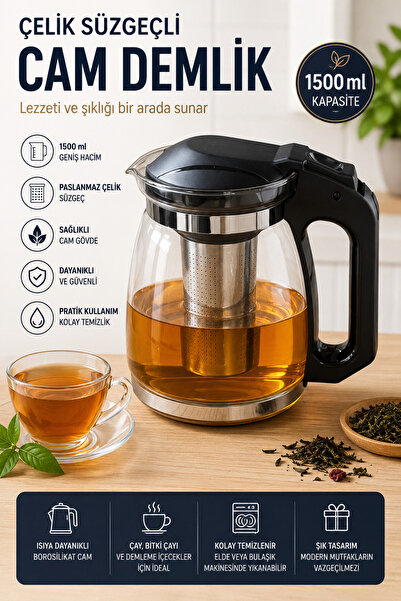 MAKRİ HOME 1500 ml Glass Teapot with Steel Strainer
