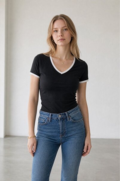 Altamira Women's Black Body Suit with Piping Detail