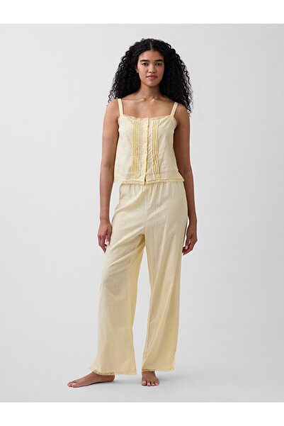 GAP Kadın Sarı Keten Karışımlı Dantel Kenar Pijama Altı