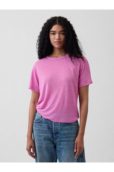 GAP Kadın Pembe Keten Karışımlı Relaxed T-Shirt