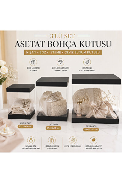 TATLI GÜNLER 3 lü Siyah Şeffaf Bohça Kutusu Asetat Kutu – Damat Bohçası ve He...