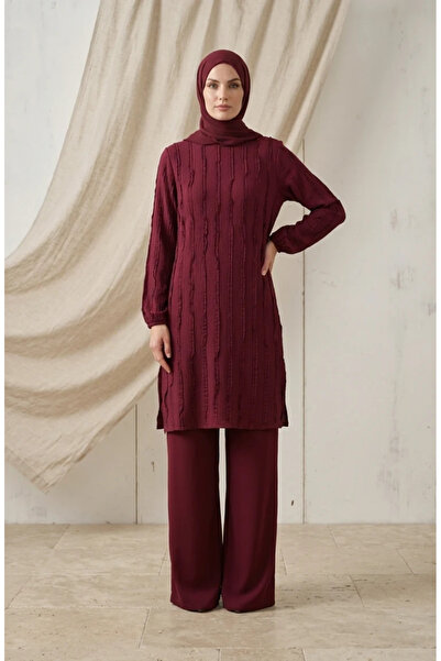 sefamerve Ruffle Detailed Tunic 0553-04 Claret Red