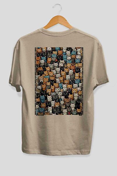 Ankhises For the Love of Cats 114 Cat Printed Beige Oversize T-Shirt 100% Cot...