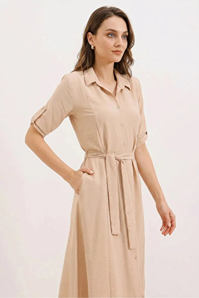 buğrahayalin Women's Belted Beige Shirt Dress