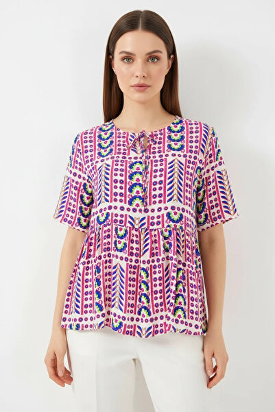buğrahayalin Women's Round Neck Lace-Up Short Sleeve Patterned Viscose Fuchsi...