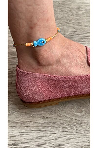 ZRN AKSESUAR Fish Bead Detailed Gold Color-Neon Orange Beaded Anklet – Stylis...