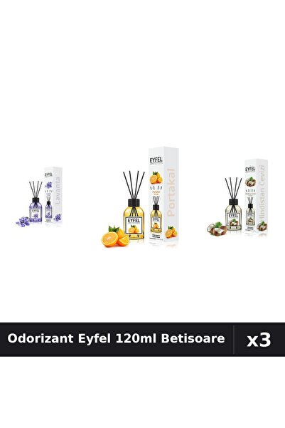 Eyfel Set 3 Odorizant Camera cu Betisoare 120ml - Lavanda, Portocala, Nuca Cocos