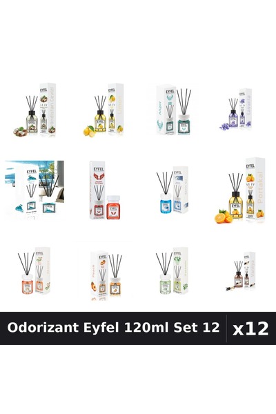 Eyfel Set 12 Odorizant Cameră Betișoare 120ml - 12 Arome Asortate, Parfum Intens