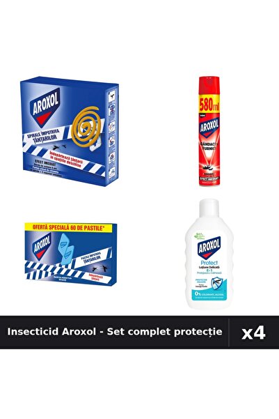 Aroxol Set 4 Insecticid - Spray 580ml, Pastile 60+10 buc, Loțiune 200ml - Pro...