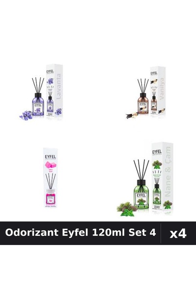 Eyfel Set 4 Odorizant Camera Betisoare 120ml - Lavanda, Vanilie, Bubble Gum, Pin