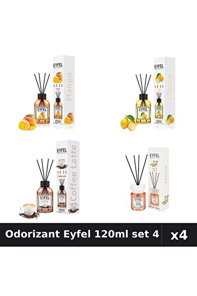 Eyfel Set 4 Odorizant Camera Betisoare 120ml - Mango, Lămâie, Cafea, Acacia