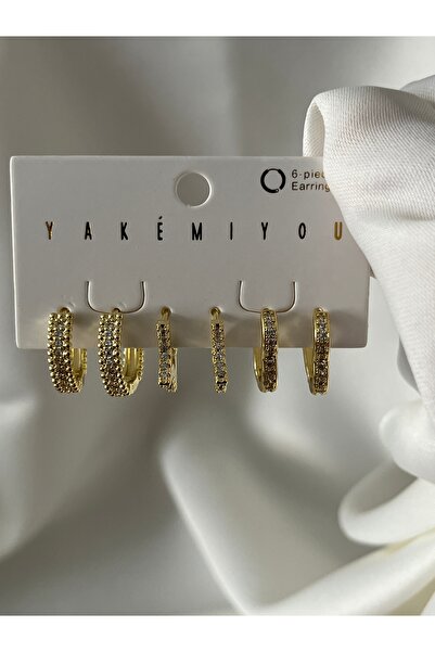 yeknova VIP 14K Gold Renginde Taşlı 3 Çift (6adet) Kararmaz Kadın Halka Küpe ...