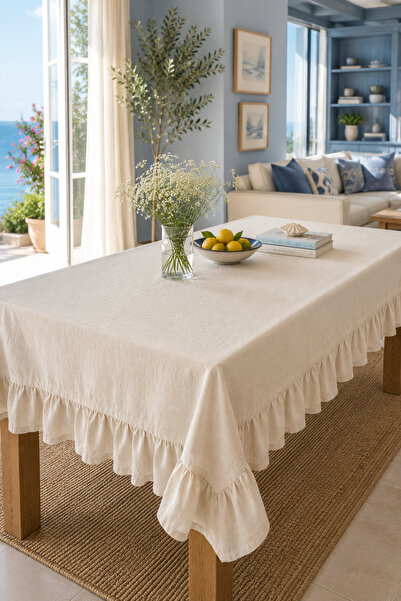 Luxoras Home Keten Fırfırlı Masa Örtüsü Country Bohem Dekoratif Salon ve Mutf...