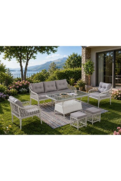 Evdesa Joy Rattan Puflu Bahçe Balkon Takımı 3+1+1 Antrasit