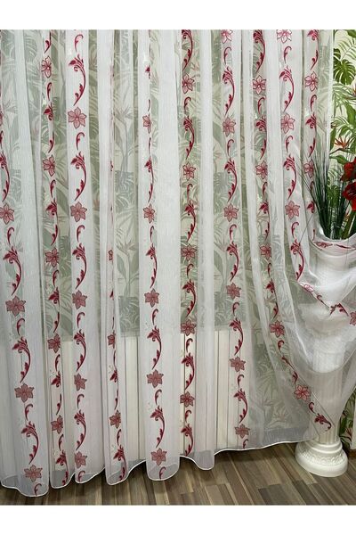 Liz Line Mechanically embroidered curtain, white/red color, from the "Roses a...