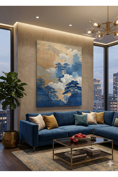 BLT DİZAYN Asian-Inspired Decorative Glass Painting – Blue Mountains and Clouds