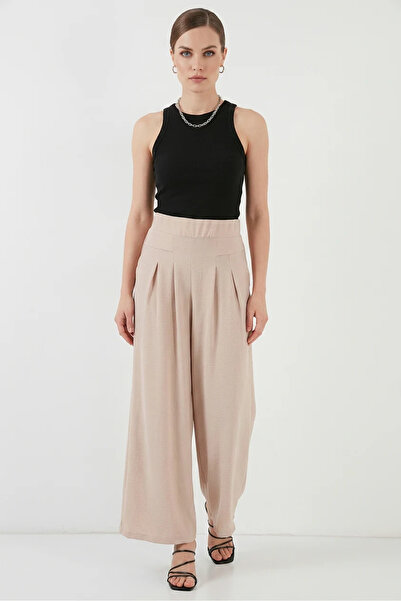 buğrahayalin Women's High Waist Pleated Wide Leg Cream Palazzo Trousers