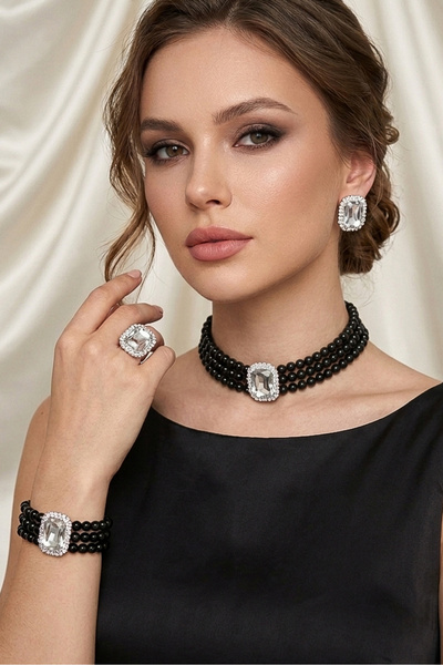Happyline Baget Taşlı Siyah İncili Choker Set Takım, Siyah Cam İncili Kolye G...