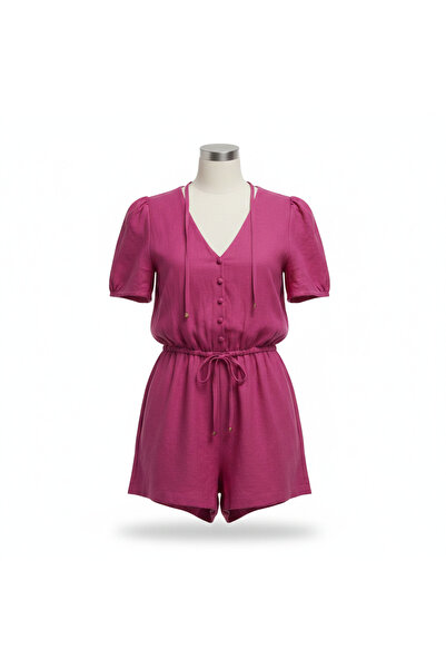Genaric Women's Magenta V-Neck Button-Front Linen Blend Romper