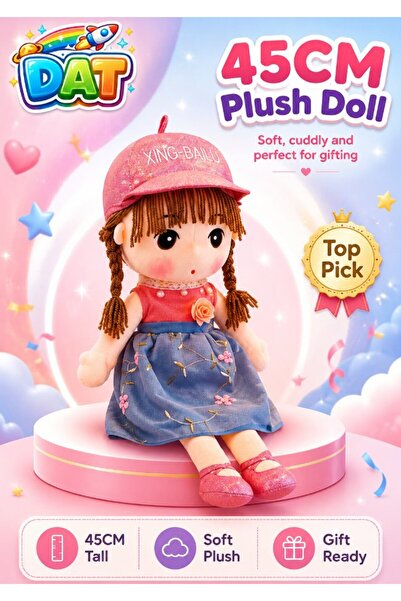 DAT Soft Plush Girl Doll with Embroidered Floral Dress, Glitter Cap & Yarn Ha...