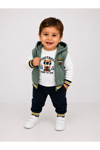 Chicsy Baby Erkek Bebek 3'lü Takım Kapüşonlu Yelekli Baskılı Sweatshirt ve Eş...