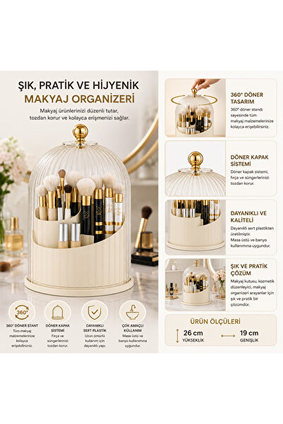 ARBU PLASTİK Fırçalık Makyaj Organizeri 5 Bölmeli Mega 360 Döner Standlı Kapa...
