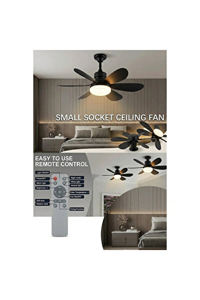 SeckinStore Lambalı Tavan Vantilatör Kumandalı Sessiz 6 Kanatlı Işıklı E27 Duy 36w Modern Led Aydınlatma Siyah Renk