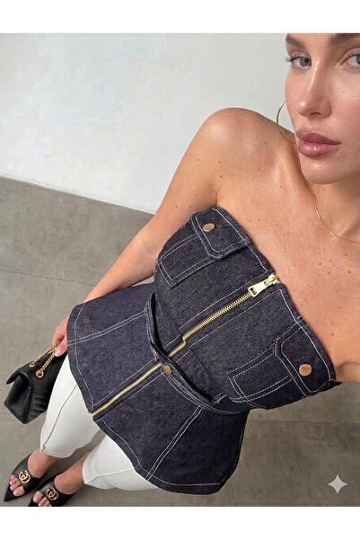 Hilals Butik Fermuarlı Lacivert Denim Straplez
