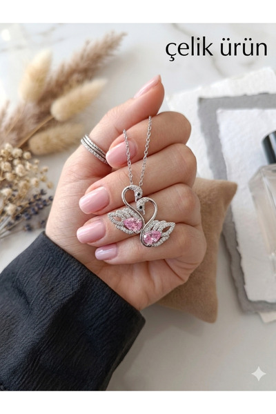 NAS fashion Çelik Taş Detaylı Çift Kuğu Kolye