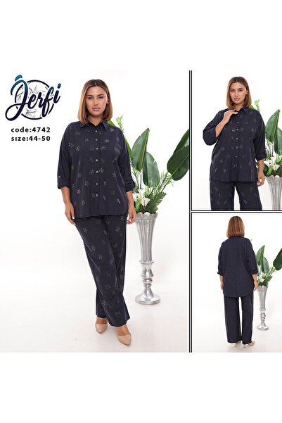 JERFİ Women's Plus Size Stone Printed Two-Piece Linen Set