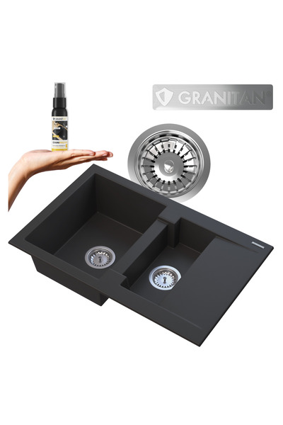 Granitan Pachet Chiuveta Granit Forma, dubla, 75x47.5 cm, neagra, cu sifon ma...