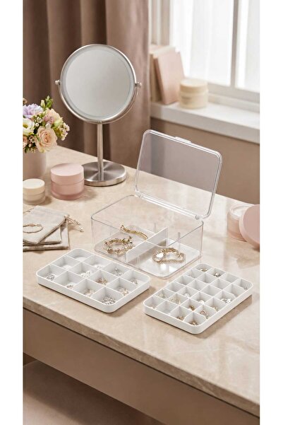 WOODCAP 3 Layers Jewelry Organizer Box with 38 Compartments and Clear Lid for Organizing Jewelry, Rings, Earrings, Necklaces
