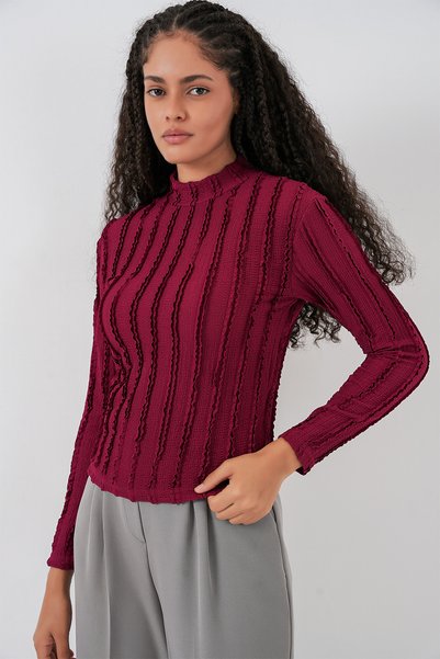 Merterium Women's Textured Stretchy Knitted Blouse 1444 - Burgundy