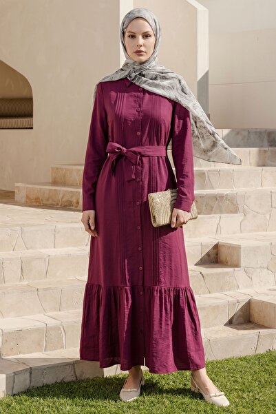 InStyle Shirt Collar Ribbed Burgundy Dress