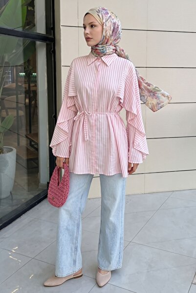 InStyle Ruffle Sleeve Thin Striped Pink Shirt