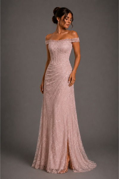 Queens dresses فستان دانتيل وردي طويل اوف شولدر