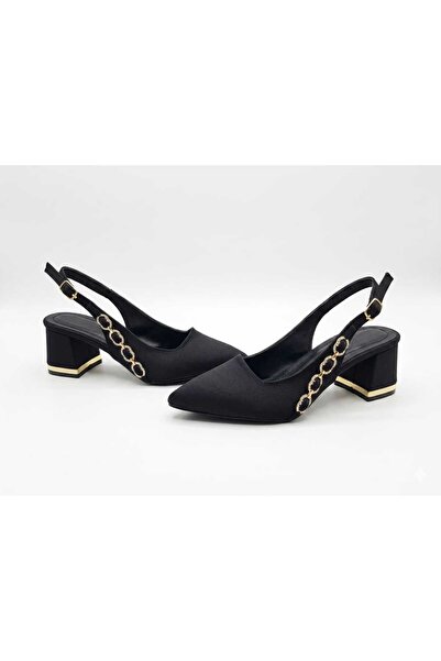 nhtshoes Women's Gold Chain Open-Back Thick Heeled Evening Dress Shoes