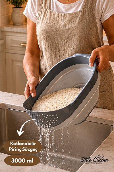 Stile Cucina مصفاة أرز ومعكرونة قابلة للطي سعة 3000 مل - مصفاة مطبخ قابلة للط...