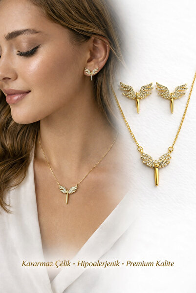 Angel Necklace Earrings Set - Dark Gold Steel Mikail Angel Iconic Jewelry Set