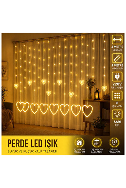 Skygo 3 Metre 8 Modlu Kalp Perde Led Işık - Sarı (Sıcak Beyaz) Işık Dekoratif...