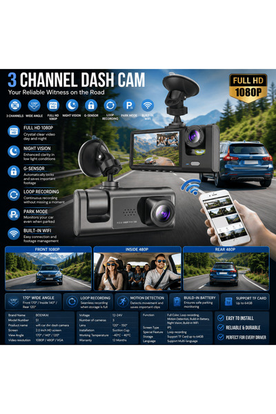 OEM Cameră Auto Dash Cam , Triplă (Față, Interior, Spate), Full HD 1080P, Ecr...