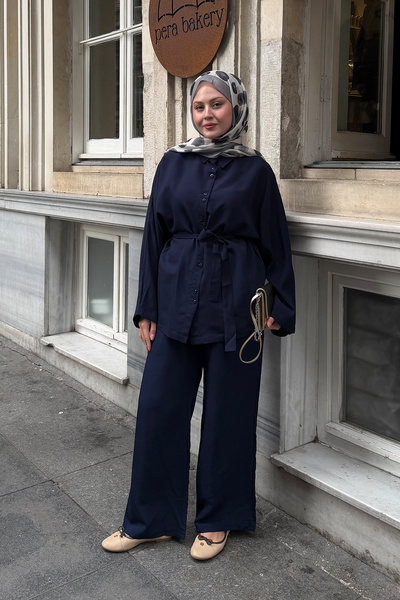 LOCCO Women's Double Button Detailed Waist Tie Suit Navy Blue
