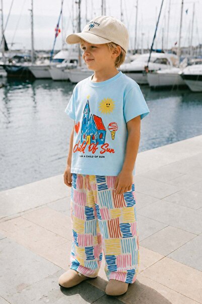 Boys Cotton Crew Neck Blue Printed T-Shirt and Pants Bottom Top Set