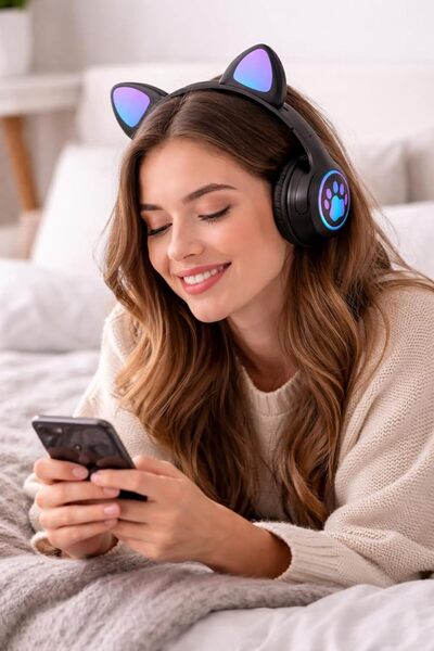 Generic Wireless Cat Ear LED Headphones with Microphone, Bluetooth Over-Ear H...