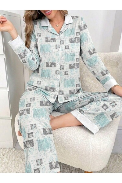 BIT1 Bet114300 Women's Two-Piece Pajamas Leaf Print Geometric Pattern Top and...
