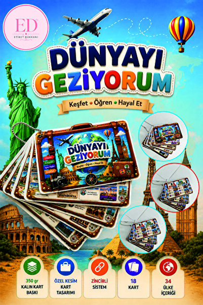 ETİKETİM Dünyayı Geziyorum Eğitim Kartları | 34 Ülke | 18 Kart | Zincirli Sis...